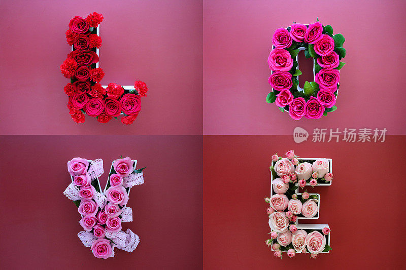 字母形状的特写图像，白色花瓶红色，深和浅粉色玫瑰拼写单词“爱”，蕾丝丝带，红色和粉红色的背景，情人节和浪漫的概念，提升的观点