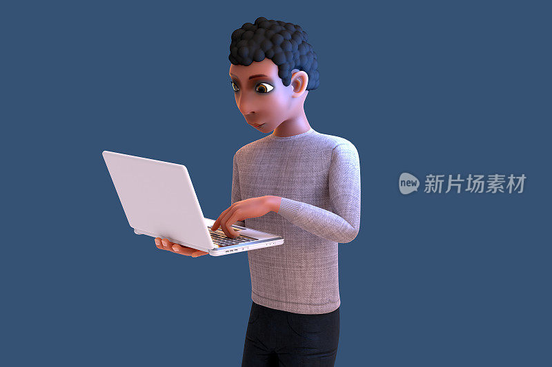 程式化的男性角色与笔记本电脑