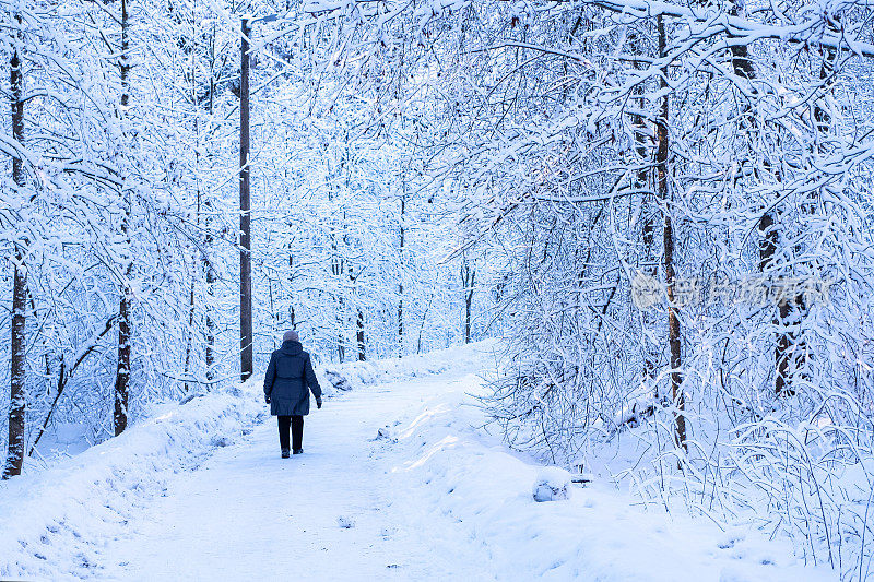 77岁的老妇人在冬天走在雪路上。