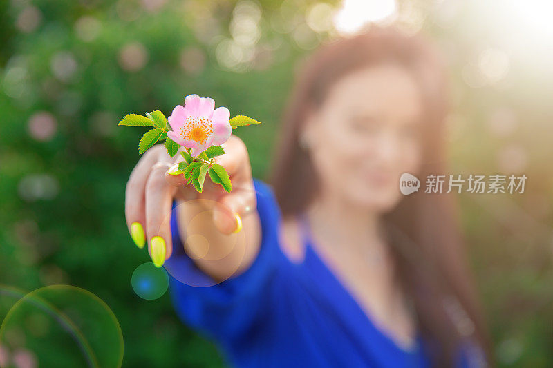 一名女子拿着一朵沐浴在阳光下的粉色花朵，指着它