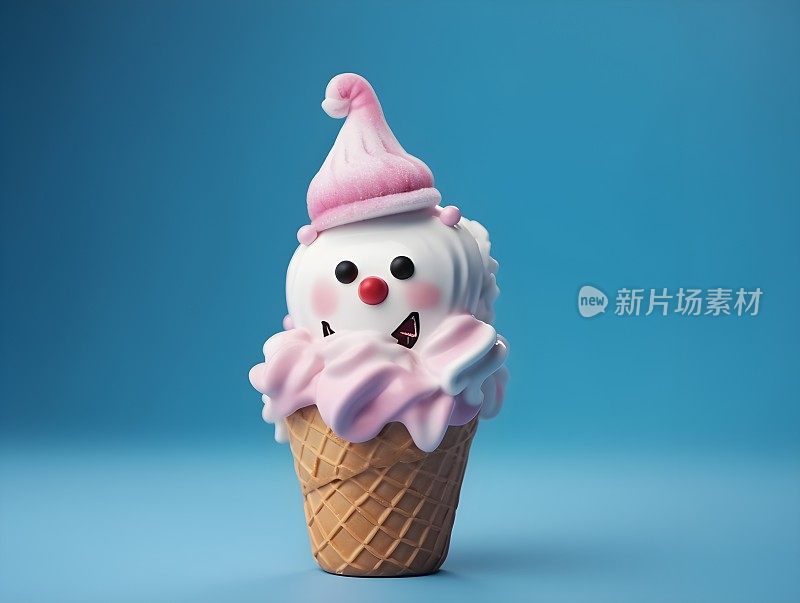 雪人冰淇淋在蓝色孤立的背景。夏天的概念。三维渲染