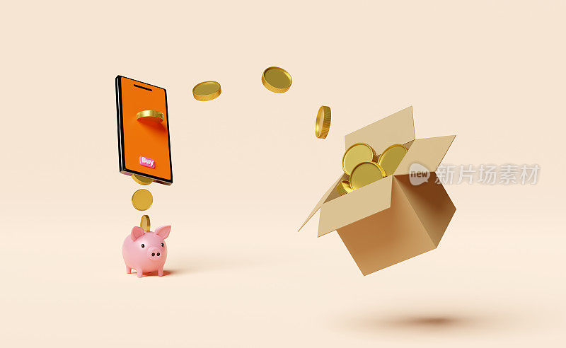 橙色手机或智能手机与堆叠的硬币，货物纸箱，米色背景上孤立的存钱罐，网上购物或省钱的概念，3d插图或3d渲染