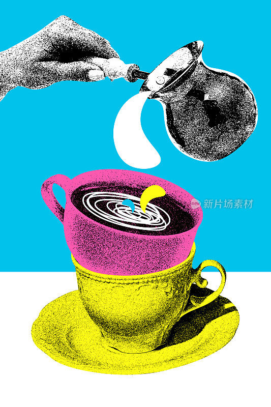 在蓝色的背景下，一名女子正在把刚煮好的土耳其奶酪咖啡倒入杯子里。通过喝水来补充能量。五颜六色的设计。