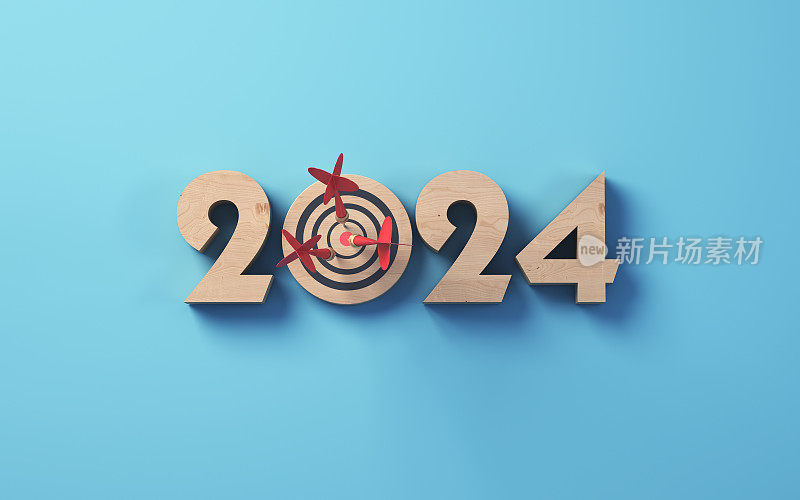 2024年新年，蓝色背景上木块上12点的红箭射中