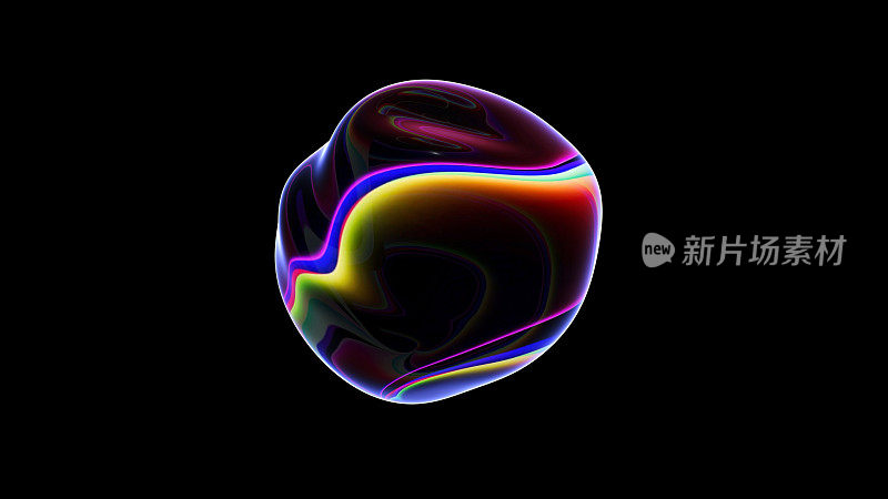 具有全息表面的液体的畸变滴。三维抽象霓虹波浪球。无缝循环。动态时尚流畅移动抽象圆形形状。