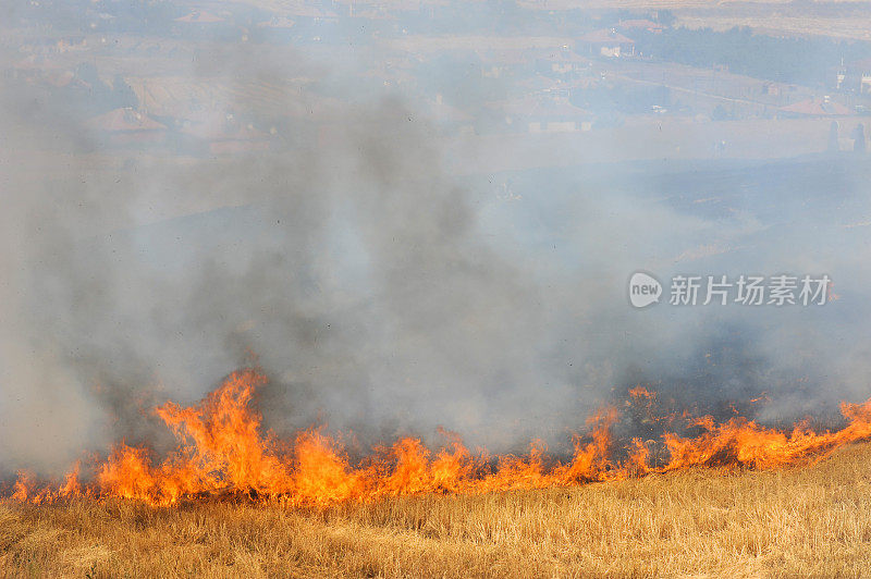 在离村子很近的田地里，一场危险的残茬火灾正在燃烧
