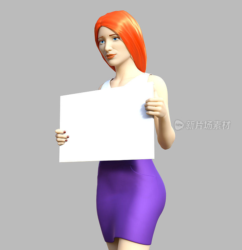 3d渲染插图的红发少女在灰色的背景。