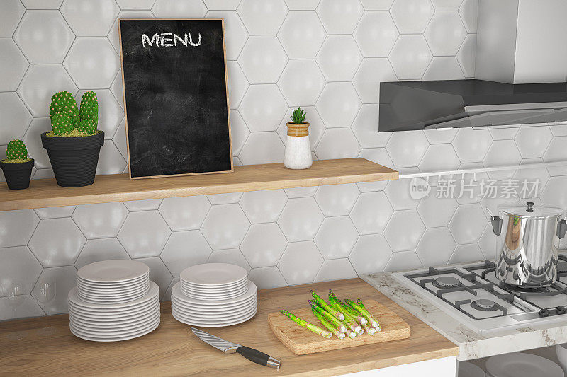 现代厨房柜台，空菜单板和厨房用具