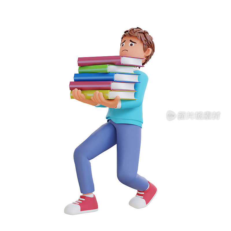 可爱的男孩去学校，带一本书卡通3d图标插图。人教育图标概念