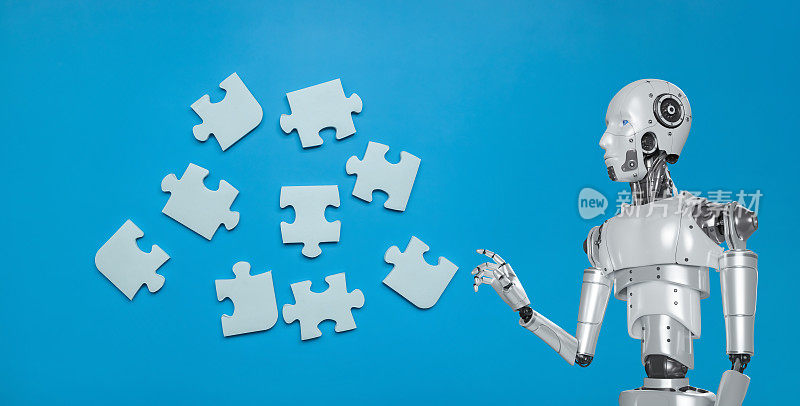蓝色背景的机器人和拼图，缺片人工智能拼图，缺片人工智能拼图和商业人工智能概念。