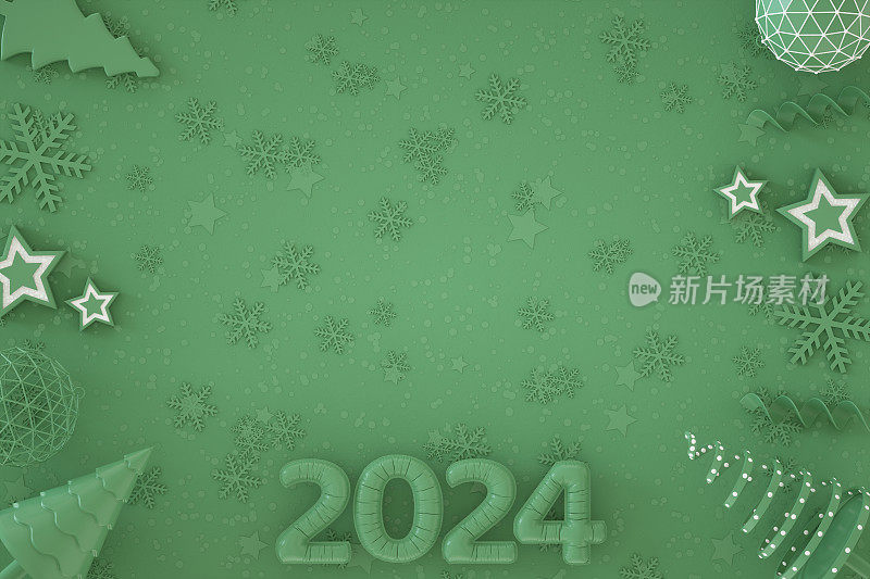 2024年新年气球与圣诞装饰绿色背景