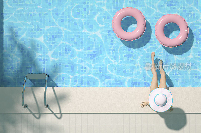 鸟瞰图，女子坐在泳池上，暑假背景