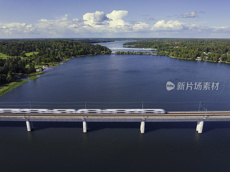 在夏日风景中，在湖上的桥上火车