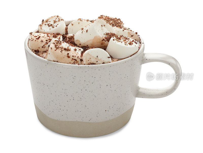 美味的热巧克力与棉花糖和可可粉分离在白色
