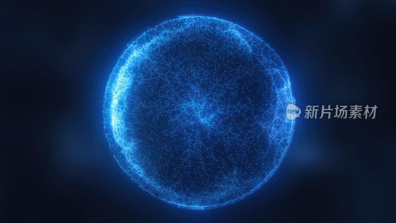 蓝色能量魔法圈，球体，球由未来的波和线粒子原子能和电力力场。抽象的背景