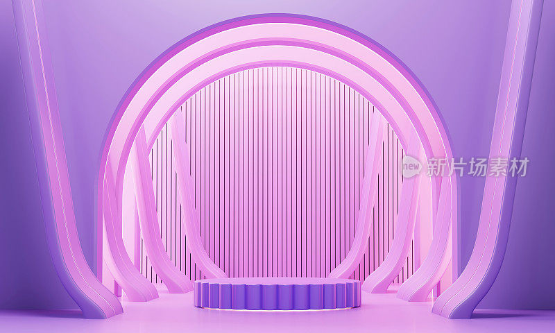 带有霓虹灯的紫色舞台平台，用于产品显示3D渲染，无需人工智能生成