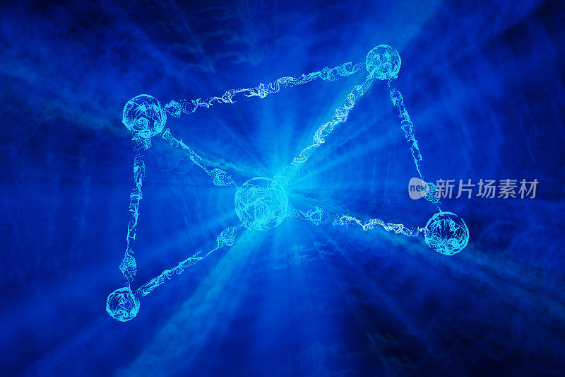 霓虹发光的球形节点与抽象的虚线图案相互连接。阐述了计算机网络的概念、网络连接和分布式网络