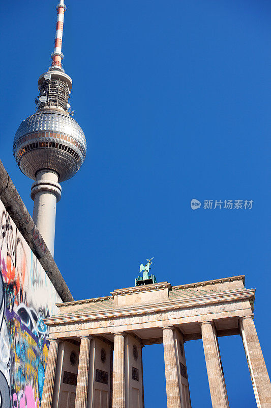 柏林的地标性纪念碑，有布兰德伯格托，电视塔和墙