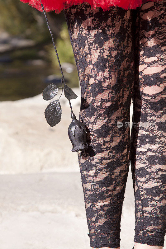 女性腿在黑色花朵图案长袜