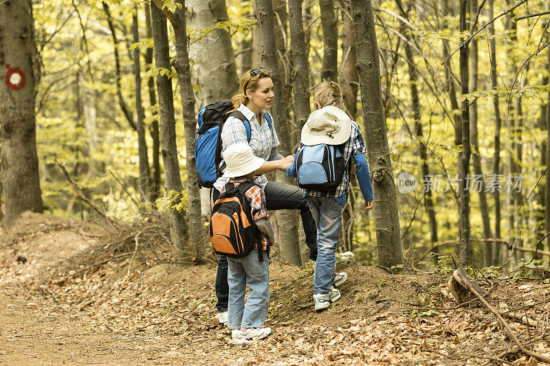妇女和儿童在森林里探险