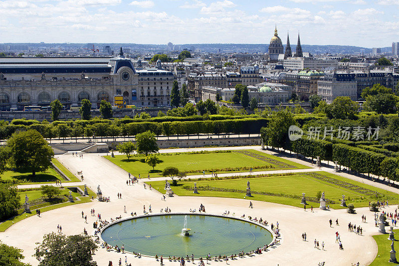 鸟瞰杜伊勒里宫花园和巴黎城市景观。Expansi