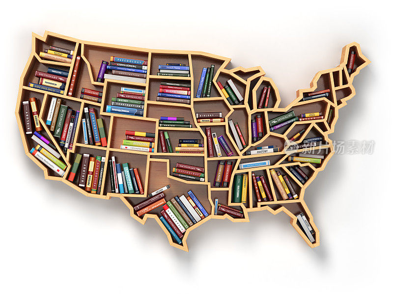 美国教育或图书市场。书架美国地图