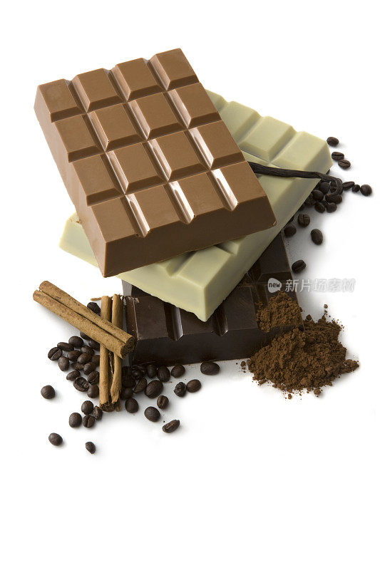 巧克力:巧克力棒，可可，咖啡豆和肉桂