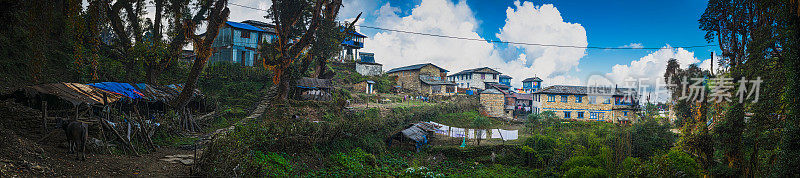 尼泊尔村庄农场夏尔巴人茶馆小屋喜马拉雅山山麓全景尼泊尔
