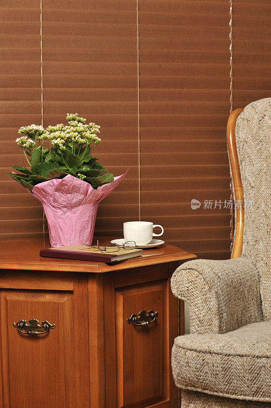 舒适的客厅，木制家具，花，书和咖啡