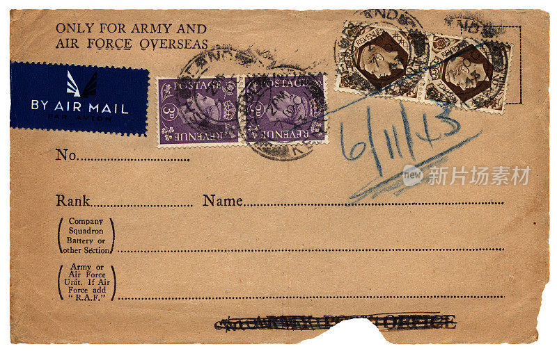 撕破的英国军方邮票信封正面，1943年