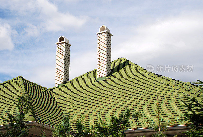绿色屋顶和烟囱