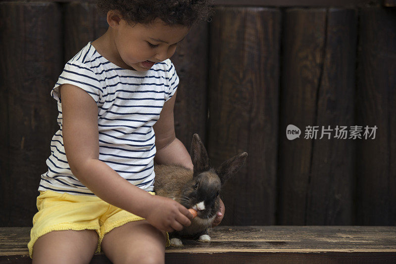 穿条纹t恤的女孩喂棕色兔子。
