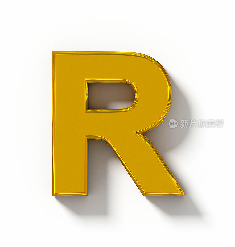 字母R三维黄金孤立在白色与阴影正交投影