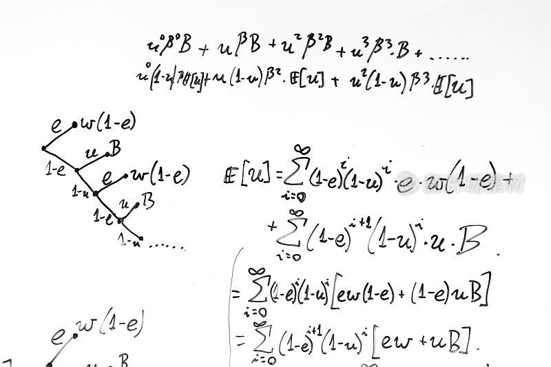 复杂的数学公式在白板上。数学，科学和经济学