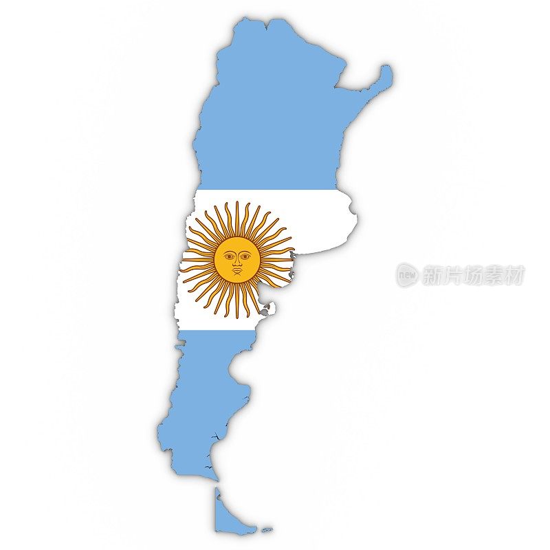 阿根廷地图轮廓与阿根廷国旗在白色与阴影3D插图