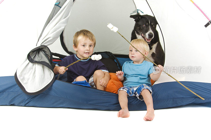 两个男孩和狗在帐篷露营