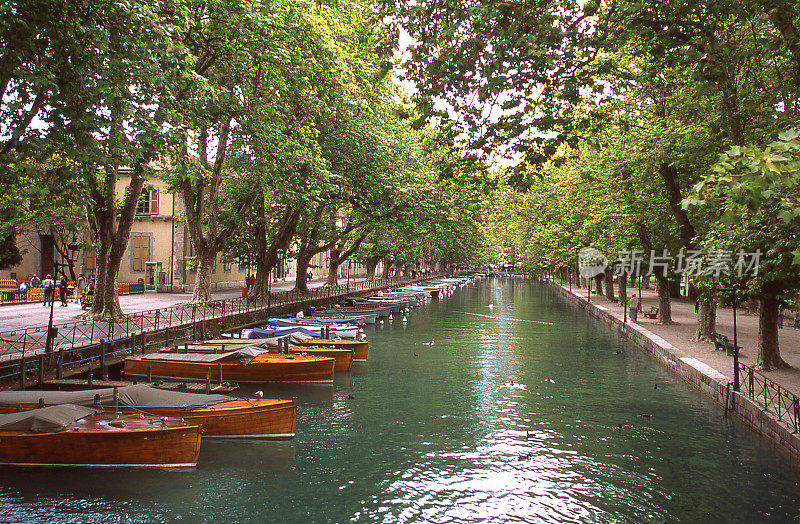 法国，欧洲，安纳西市，一条绿树成荫的运河