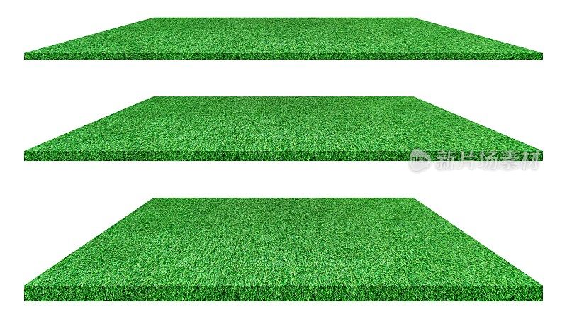 人工绿草纹理隔离在白色背景高尔夫球场。足球场或运动背景概念设计。草地毯。