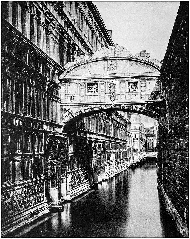 世界著名景点的古董照片:叹息桥，威尼斯，意大利