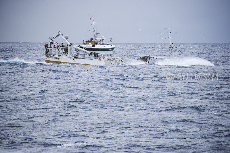 鱼装满了在波涛汹涌的海面上航行的渔船