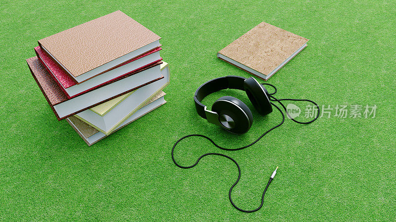 草地上放着一堆书和一副耳机