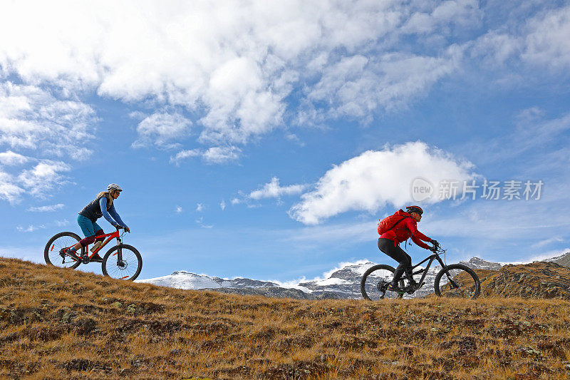 山地自行车手穿过马特洪山下面的高山草地