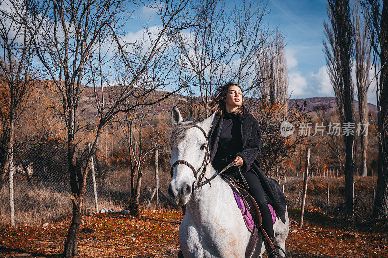 在一个阳光明媚的日子里，一个女人牵着一匹马在牧场上