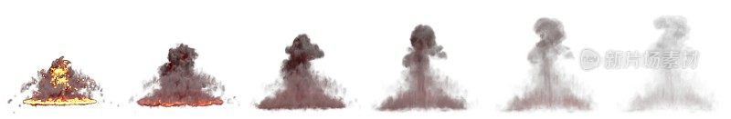 大量的大炸弹爆炸蘑菇云与火和烟孤立在白色背景上的图像-物体的3D插图