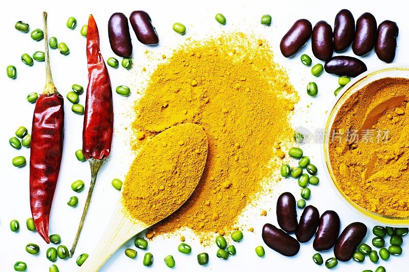 黄色食用色素粉匙、辣椒、腰子、绿豆。