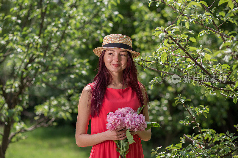 拿着绣球花的少女