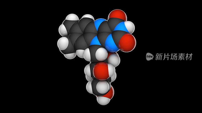 维生素B2(核黄素)。也被称为维生素g。化学结构模型:空间填充。