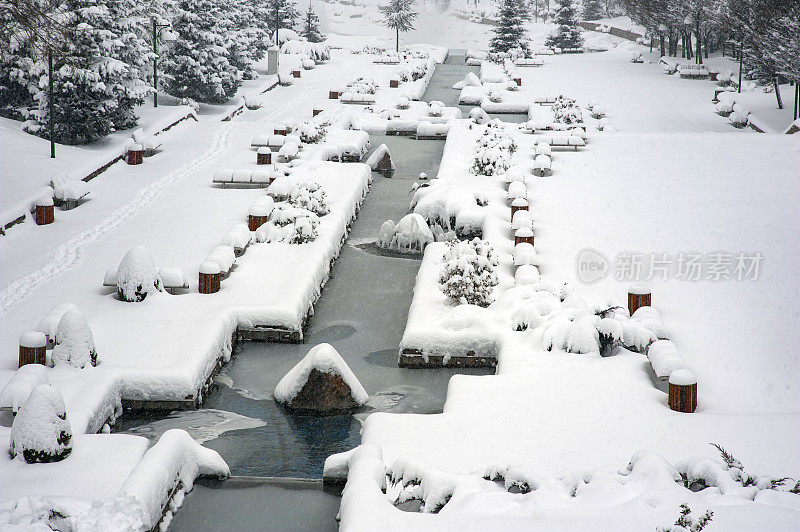 迪克门山谷里的雪树和池塘