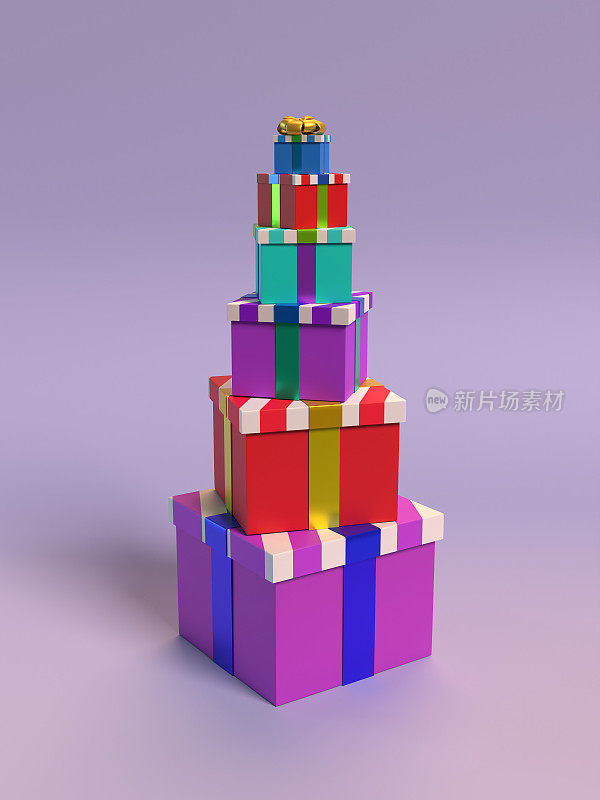 新年贺卡与圣诞树的纸礼品盒上的紫色背景