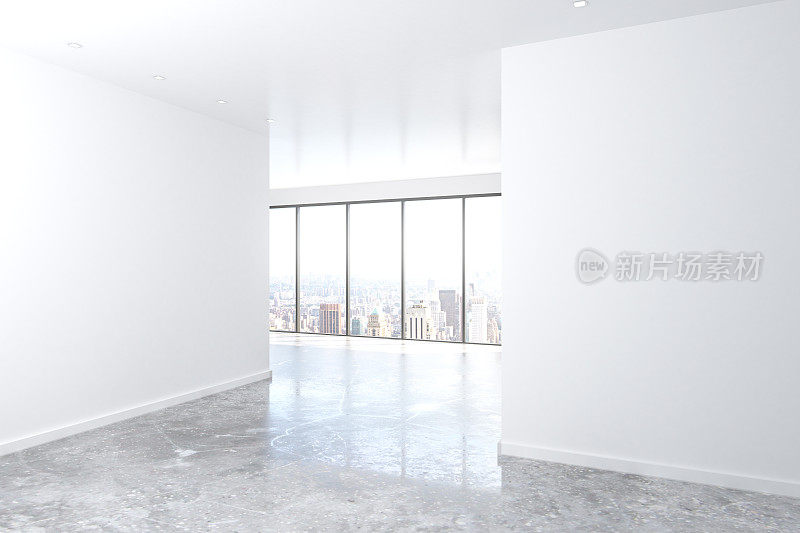 现代的空阁楼房间有大窗户，白色的墙